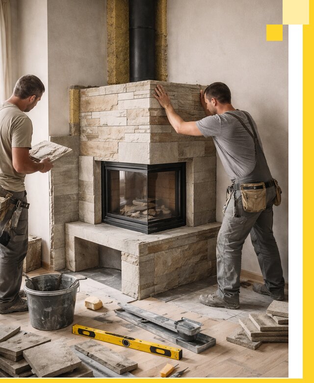 Угловые камины под ключ проект, монтаж и отделка в Гае